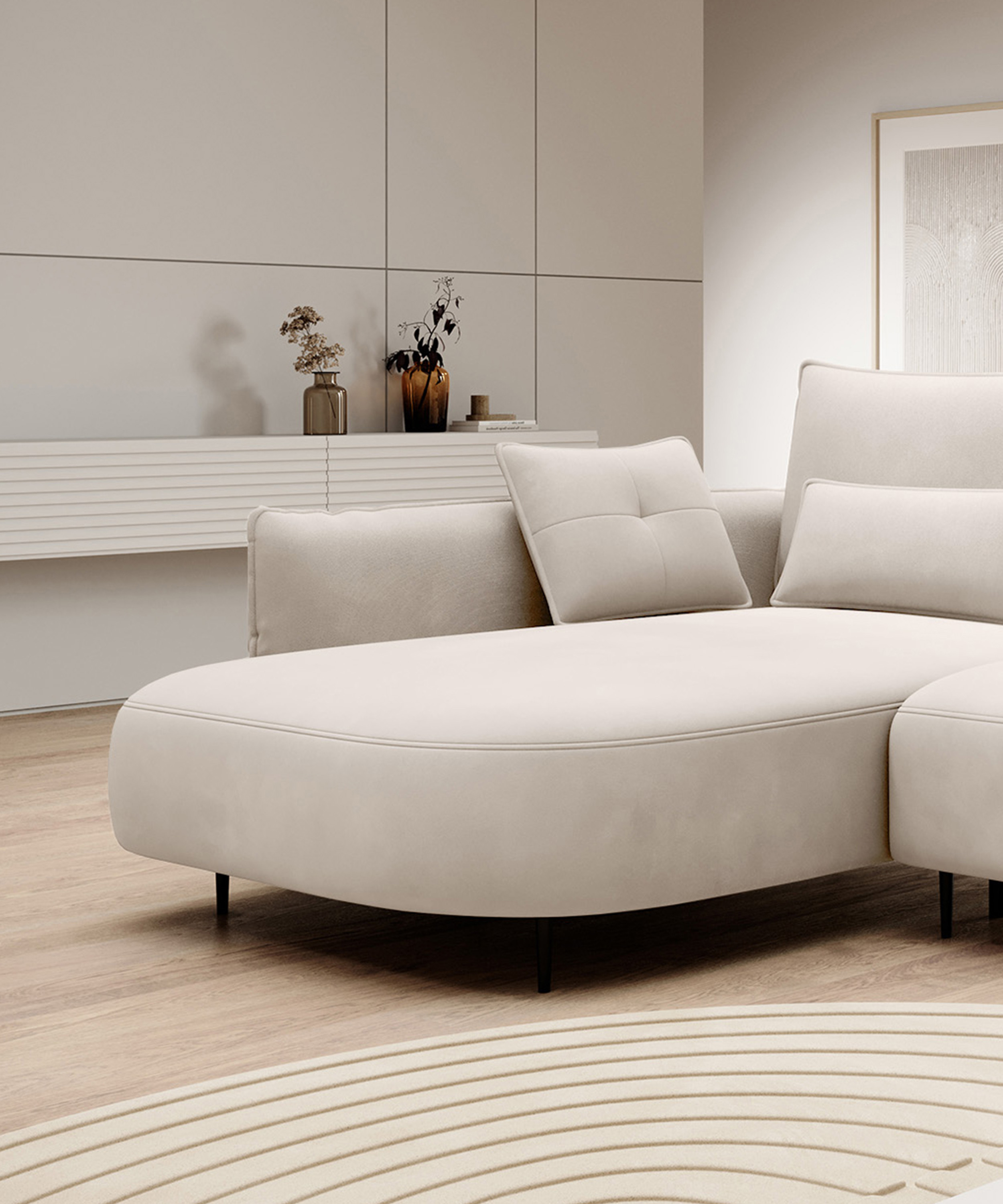 Ecksofa Oblivio mit Schlaffunktion L-förmig mit Stauraum cremevelours linksseitig hydrophob