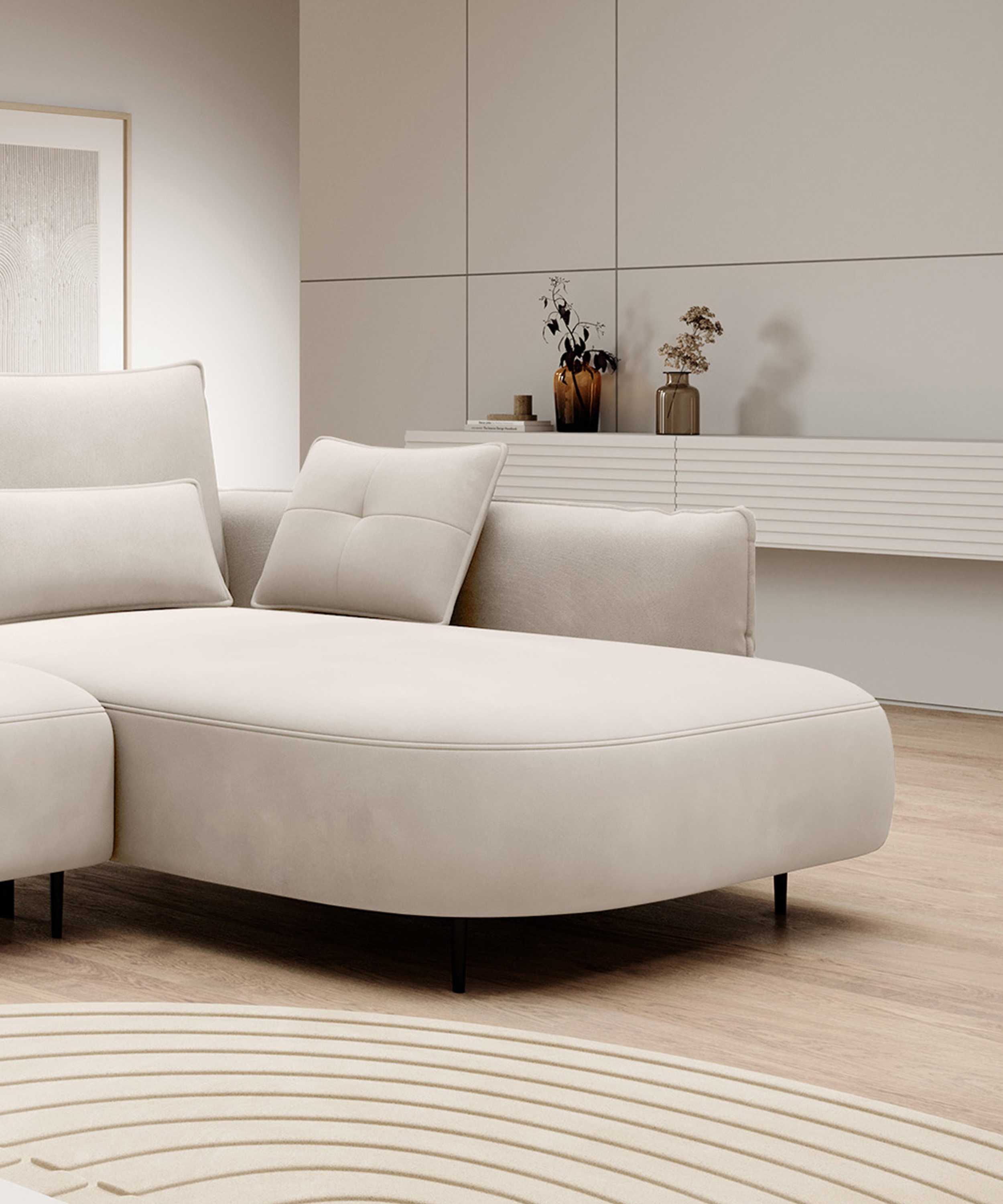 Ecksofa Oblivio mit Schlaffunktion L-förmig mit Stauraum cremefarbenes Velvet rechtsseitig hydrophob