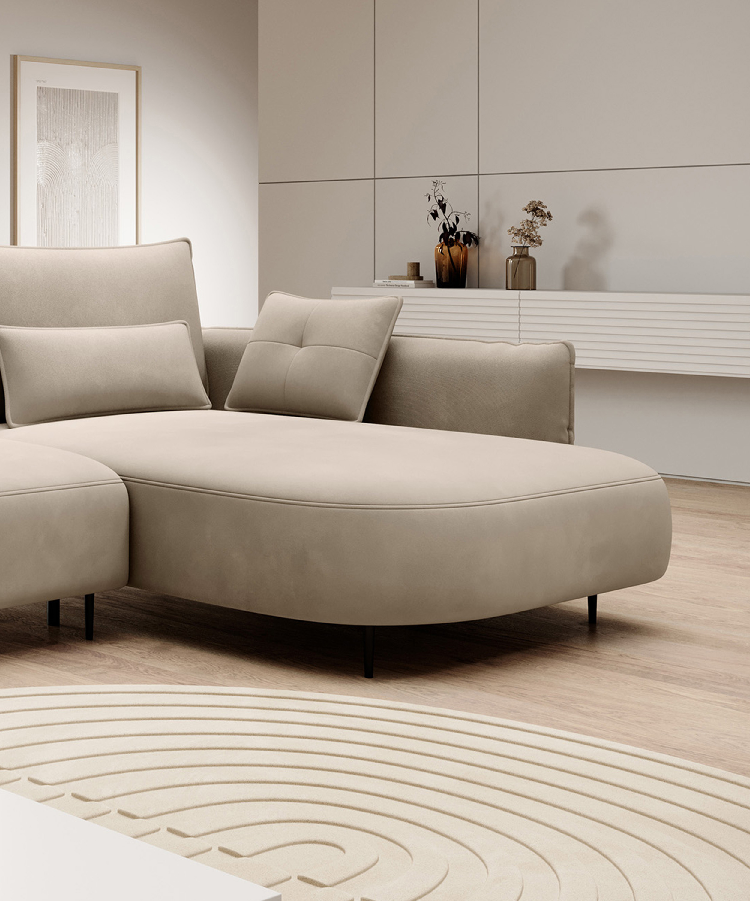 Ecksofa Oblivio mit Schlaffunktion L-förmig mit Stauraum hellbeige Velvet rechtsseitig hydrophob