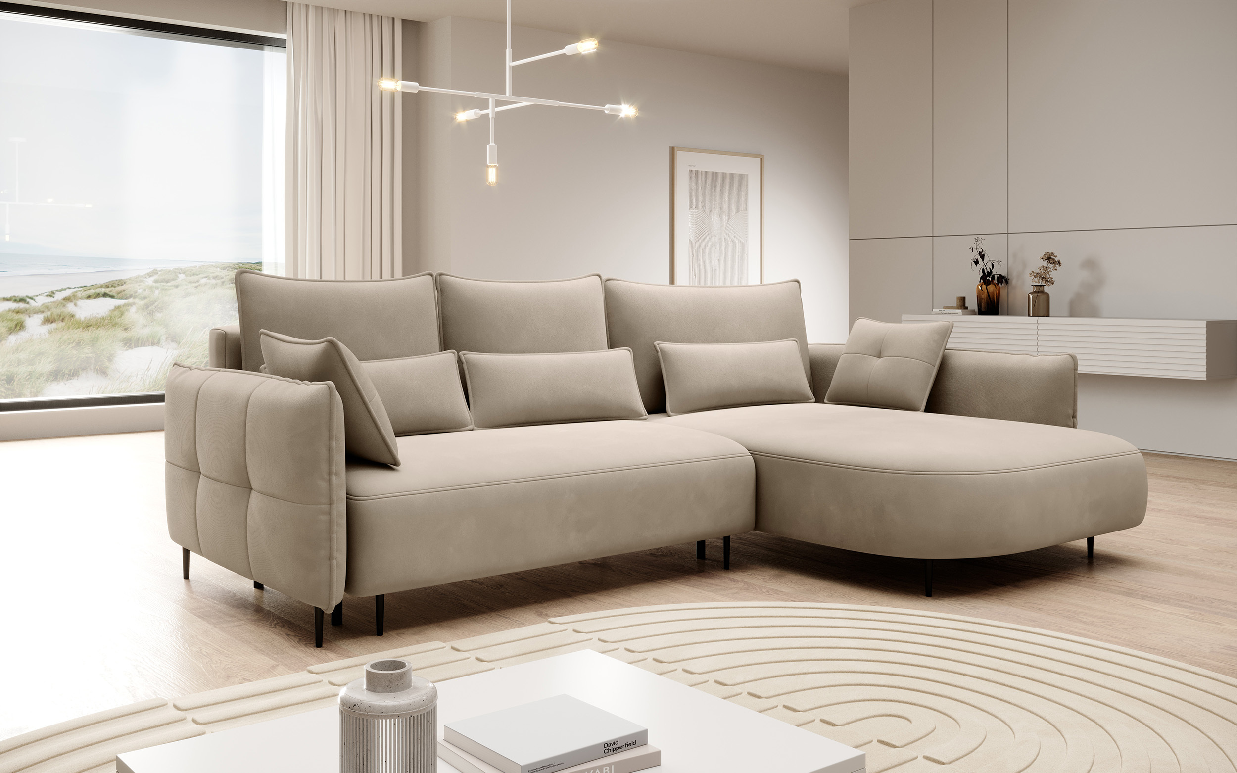 Ecksofa Oblivio mit Schlaffunktion L-förmig mit Stauraum hellbeige Velvet rechtsseitig hydrophob
