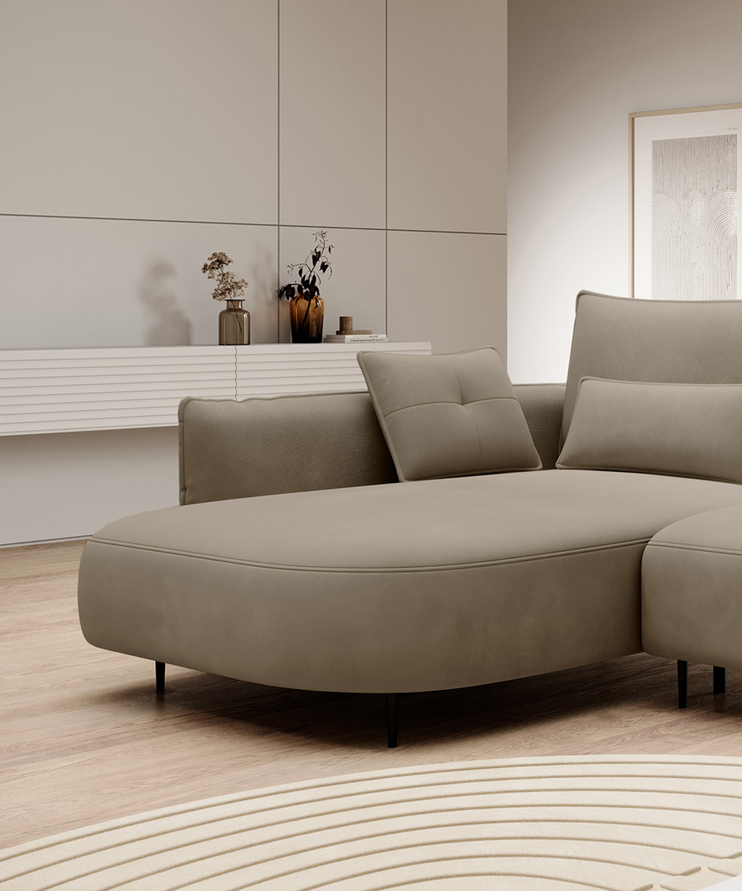 Ecksofa Oblivio mit Schlaffunktion L-förmig mit Stauraum hellbraun Velvet linksseitig hydrophob