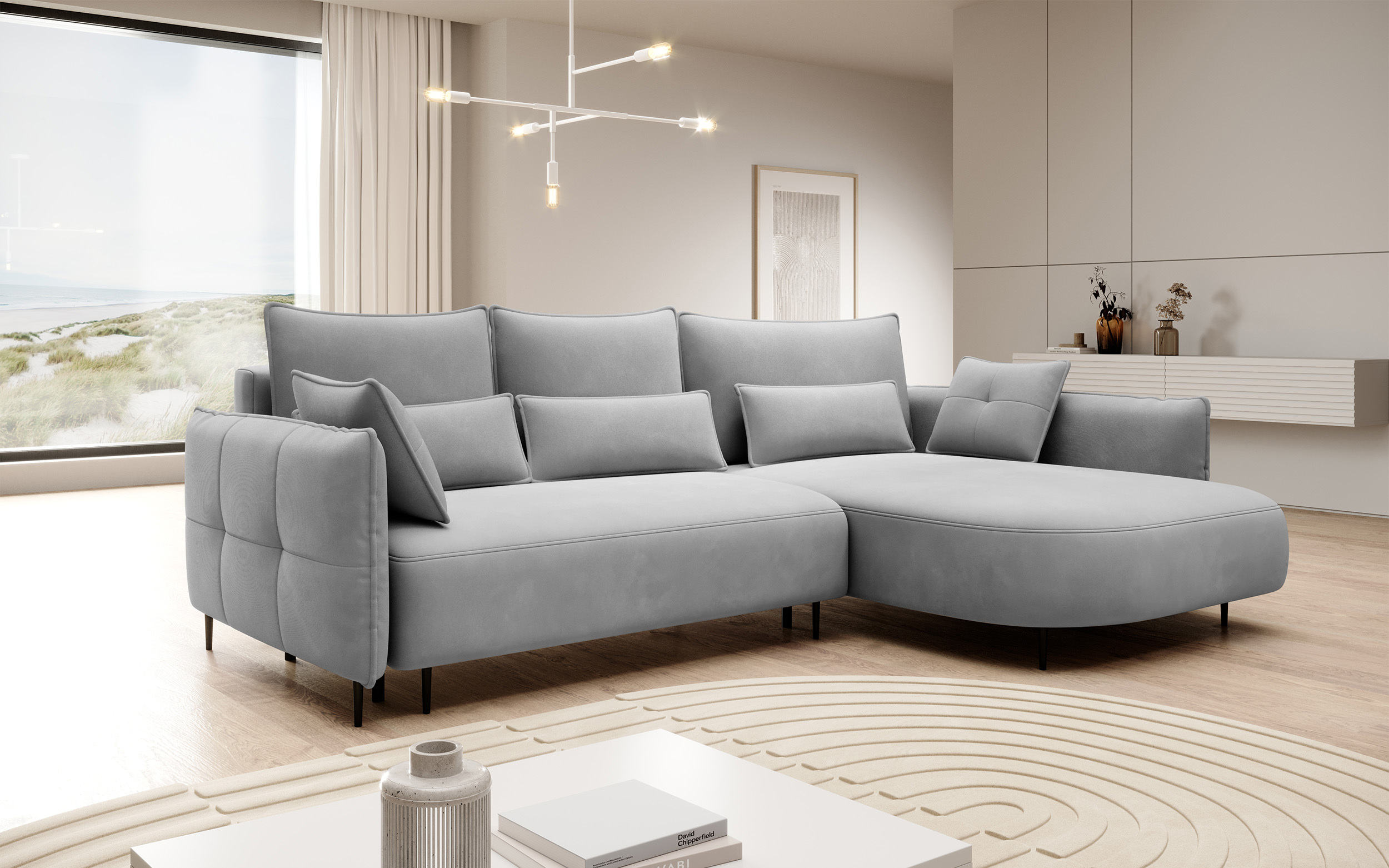 Ecksofa Oblivio mit Schlaffunktion L-förmig mit Stauraum graues Velvet rechtsseitig hydrophob