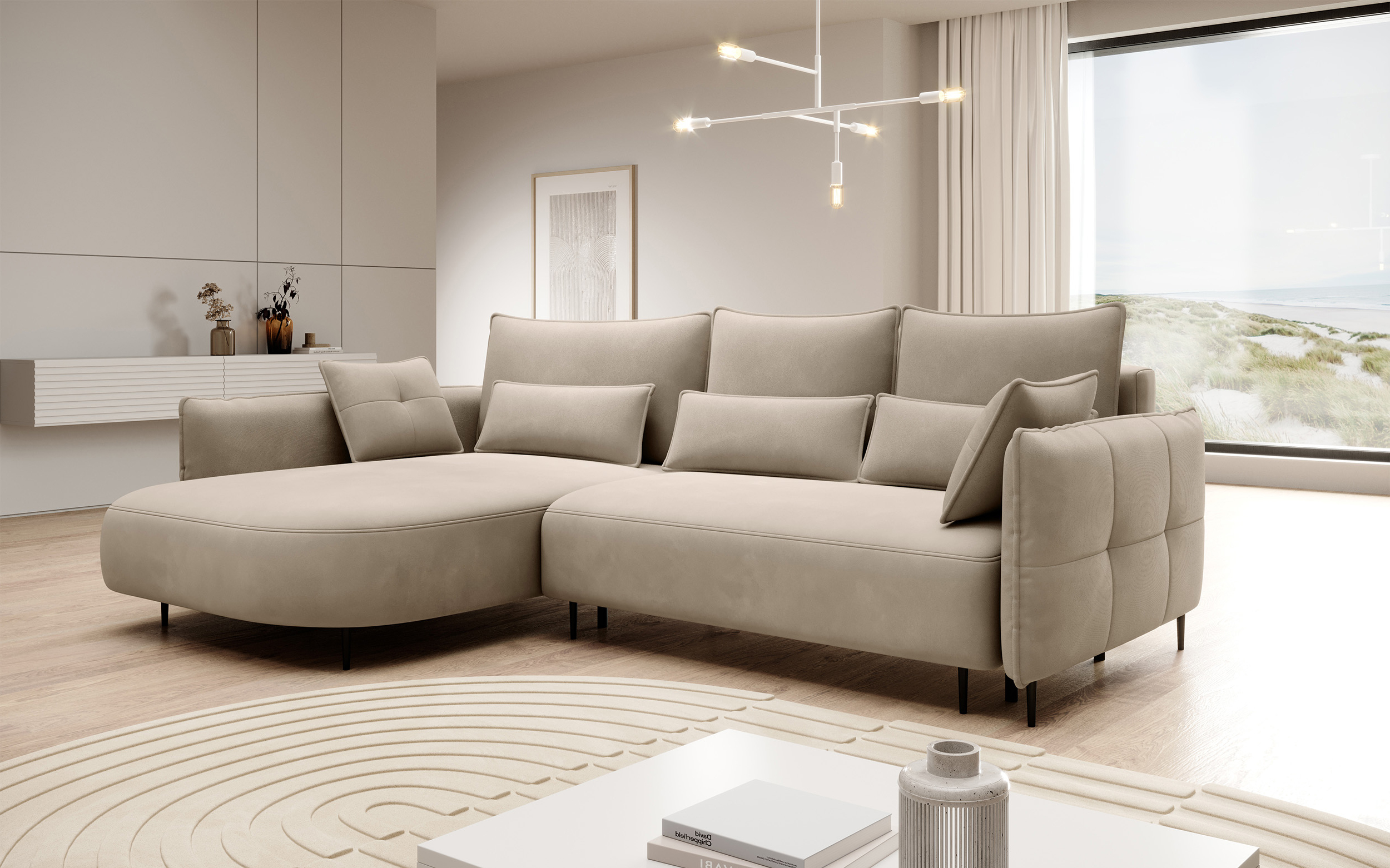 Ecksofa Oblivio mit Schlaffunktion L-förmig mit Stauraum hellbeige Velvet linksseitig hydrophob