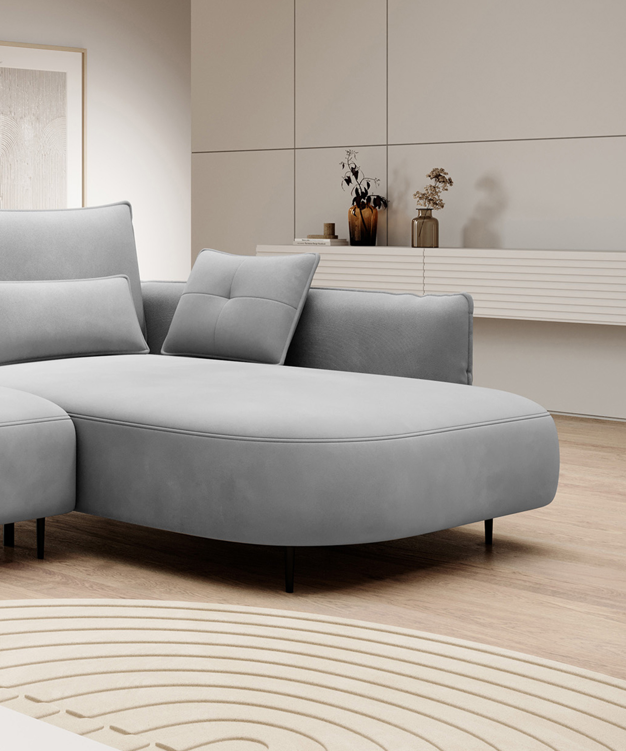 Ecksofa Oblivio mit Schlaffunktion L-förmig mit Stauraum graues Velvet rechtsseitig hydrophob