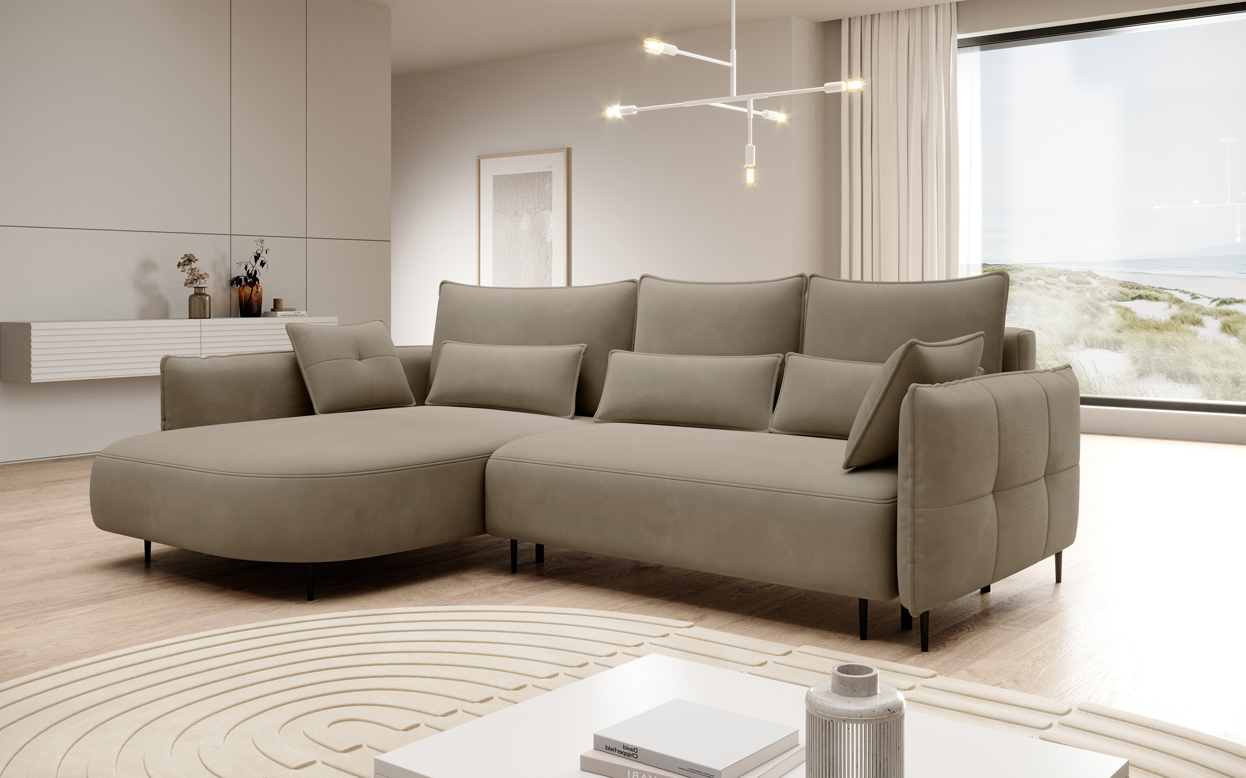 Ecksofa Oblivio mit Schlaffunktion L-förmig mit Stauraum hellbraun Velvet linksseitig hydrophob