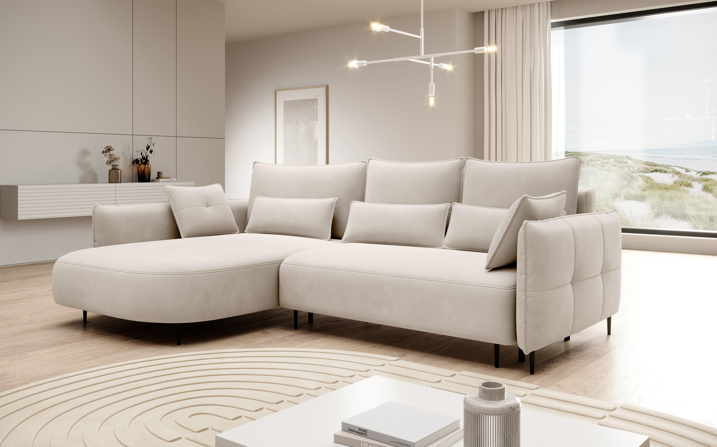 Ecksofa Oblivio mit Schlaffunktion L-förmig mit Stauraum cremevelours linksseitig hydrophob