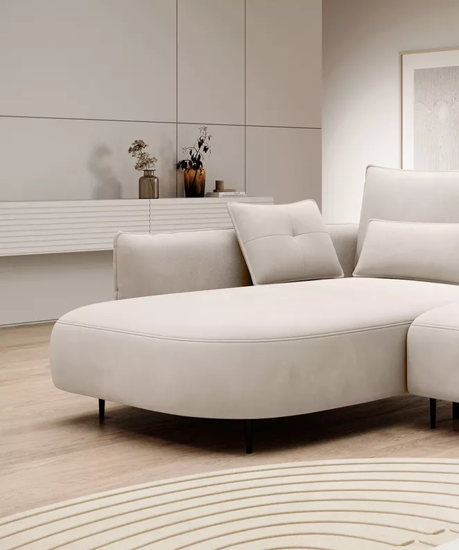 Ecksofa Oblivio mit Schlaffunktion L-förmig mit Stauraum cremevelours linksseitig hydrophob