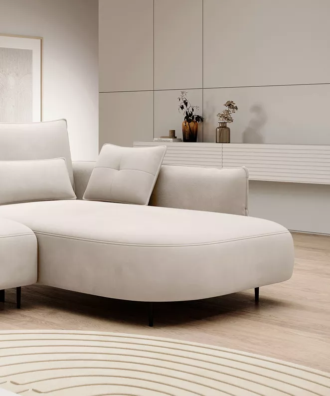 Ecksofa Oblivio mit Schlaffunktion L-förmig mit Stauraum cremefarbenes Velvet rechtsseitig hydrophob