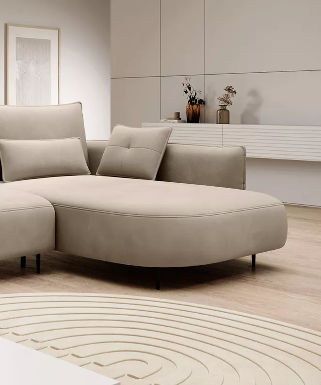 Ecksofa Oblivio mit Schlaffunktion L-förmig mit Stauraum hellbeige Velvet rechtsseitig hydrophob
