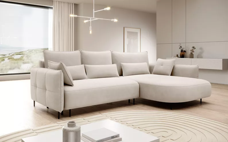 Ecksofa Oblivio mit Schlaffunktion L-förmig mit Stauraum cremefarbenes Velvet rechtsseitig hydrophob