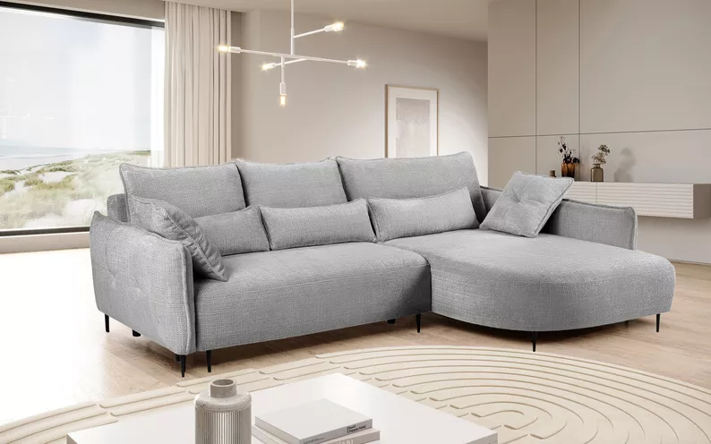 Ecksofa Oblivio mit Schlaf-Funktion L-förmig mit Stauraum graues Chenille rechtsseitig