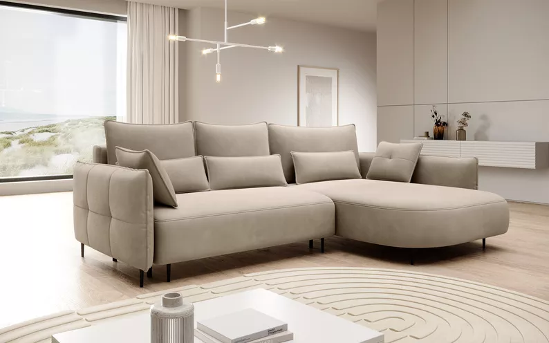 Ecksofa Oblivio mit Schlaffunktion L-förmig mit Stauraum hellbeige Velvet rechtsseitig hydrophob