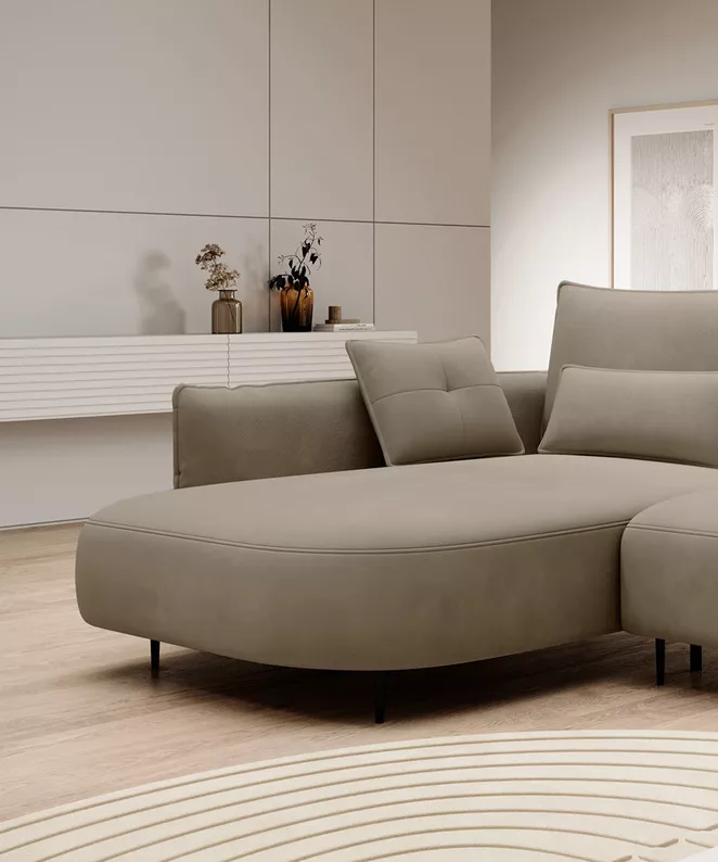 Ecksofa Oblivio mit Schlaffunktion L-förmig mit Stauraum hellbraun Velvet linksseitig hydrophob