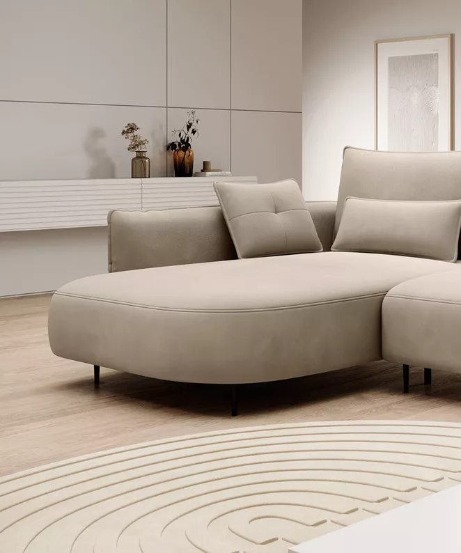 Ecksofa Oblivio mit Schlaffunktion L-förmig mit Stauraum hellbeige Velvet linksseitig hydrophob