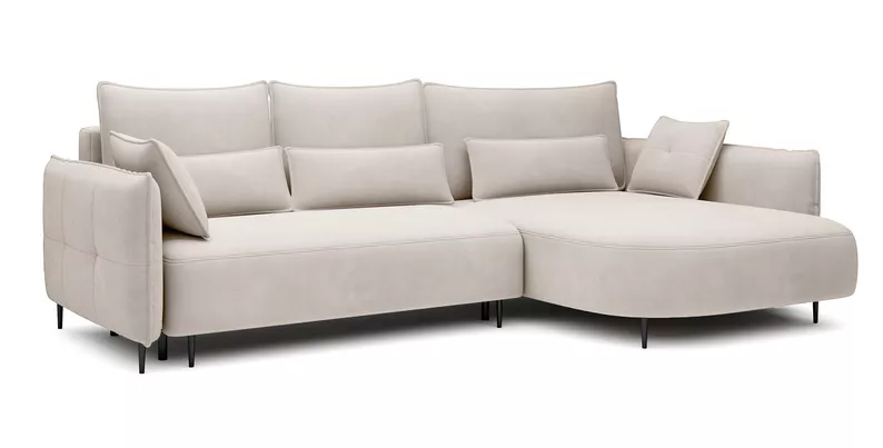 Ecksofa Oblivio mit Schlaffunktion L-förmig mit Stauraum cremefarbenes Velvet rechtsseitig hydrophob