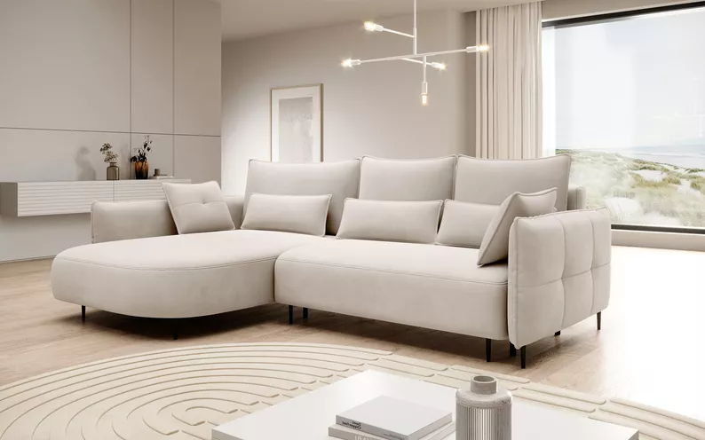 Ecksofa Oblivio mit Schlaffunktion L-förmig mit Stauraum cremevelours linksseitig hydrophob
