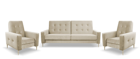 Sitzgruppe Santi, Sofa und zwei Sessel, hellbeige aus hydrophober Stoff, goldene Beine
