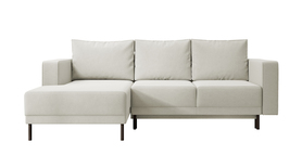 Ecksofa Rodario mini mit Schlaffunktion und Bettkasten in hellbeigem Velvet, linksseitig.