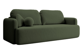Ausziehbare Dreisitzer-Couch Lambina mit Stauraum, olivgrüner, leicht zu reinigender Velours.