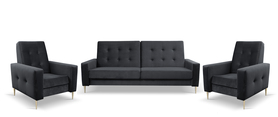 Sofagarnitur Santi, Sofa und zwei Sessel in Dunkelgrau aus hydrophober Stoff, mit goldenen Beinen.