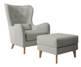 Sessel mit Hocker Calmino, grau Velours, Beine aus Buche