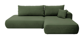Ecksofa mit Schlaffunktion Foggi in Salbeigrün, L-förmig mit Stauraum, in leicht zu reinigendem Gewebe, Rattan, rechtsseitig.