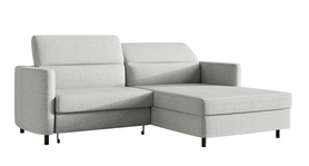 Ecksofa mit Schlaffunktion Busu in grau-beige mit Stauraum, hydrophobischer Chenille, schwarze Beine, rechtsseitig.