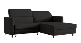 Ecksofa mit Schlaffunktion Busu schwarz mit Stauraum, hydrophobes Chenille, schwarze Beine, rechtsseitig