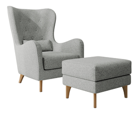 Sessel mit Hocker Calmino hellgrau Boucle, Beine aus Buche