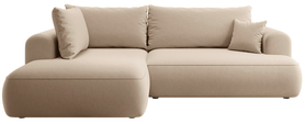 Ecksofa mit Schlaffunktion Ovo L-förmig mit Armlehne und Stauraum, beige Samt, pflegeleicht, linksseitig