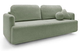 Schlafsofa für drei Personen Lambina mit Stauraum in salbeigrünem Boucle.