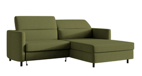 Ecksofa mit Schlaffunktion Busu olivgrün mit Stauraum, hydrophobischer Chenille, schwarze Beine, rechtsseitig.