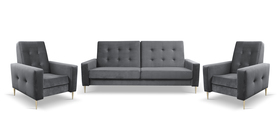 Sofagarnitur Santi mit Sofa und zwei Sesseln in grauem, hydrophobem Stoff, goldene Beine