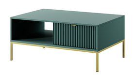 Kaffeetisch Vellore 104x68 cm grün mit geriffelter Front, goldenen Griffen und Gestell