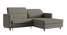 Ecksofa mit Schlaffunktion Busu dunkelgrau mit Stauraum, hydrophobischer Chenille, schwarze Beine, rechtsseitig.
