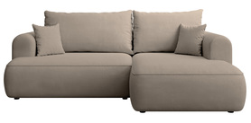 Ecksofa mit Schlaffunktion Ovo mini L-förmig rechtsseitig mit Stauraum in grau-beigem Chenille, pflegeleicht.