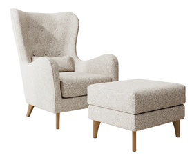 Sessel mit Hocker Calmino in cremefarbener Boucle, Beine aus Buche