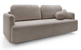 Schlafsofa für drei Personen Lambina mit Stauraum in dunkelbeigem Boucle.