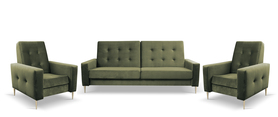 Sitzgruppe Santi mit Sofa, zwei Sesseln und einem Hocker in olivgrünem, hydrophobischem Stoff, goldenen Beinen.