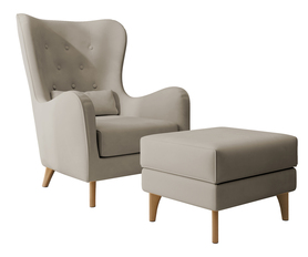 Sessel mit Fußstütze Uszak Calmino grau-beige Velours, Beine aus Buche