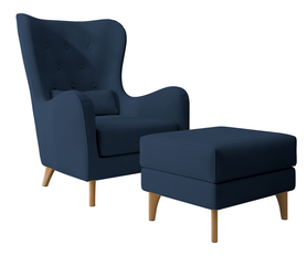 Sessel mit Hocker Uszak Calmino in blauer Velours, Beine aus Buche