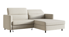 Ecksofa mit Schlaffunktion Busu hellbeige mit Stauraum, hydrophobischer Chenille, schwarze Beine, rechtsseitig.
