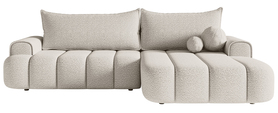 Ecksofa mit Schlaffunktion Dandelino L-förmig rechts mit Stauraum in cremefarbener Boucle.