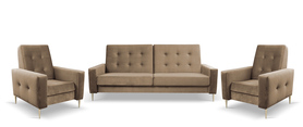 Sofaset Santi mit Sofa und zwei Sesseln in beige aus hydrophober Stoff mit goldenen Beinen